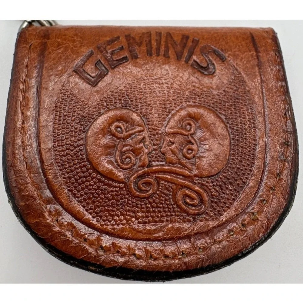 Geminis Leather Coin Holder Keychain Brown Made in Mexico‎ Vintage